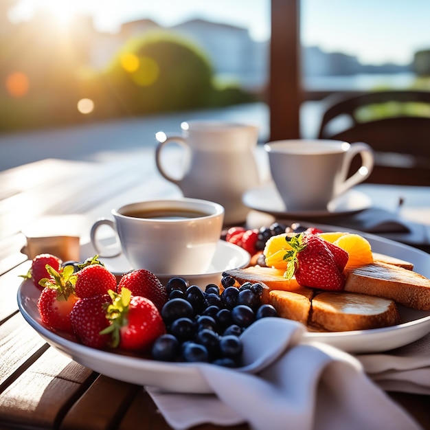 Foto gesundes frühstück mit kaffee in einem sonnigen morgen