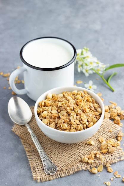 Gesundes Frühstück mit Müsli und Milch.