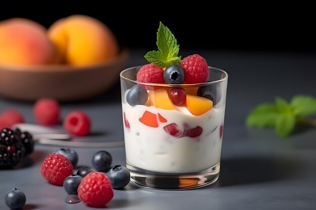 Gesundes Frühstück, Naturjoghurt mit frischen Beeren und Müsli. Neuronales Netzwerk KI generiert