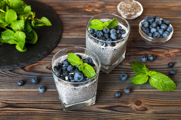 Gesundes Frühstück oder Morgen mit Chia-Samen, Vanillepudding und Blaubeeren auf dem Tisch. Hintergrund: vegetarische Nahrung, Ernährung und Gesundheitskonzept. Chia-Pudding mit Kokosmilch und Blueberry.