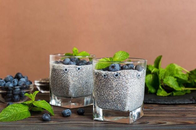 Gesundes Frühstück oder Morgen mit Chiasamen Vanillepudding und Blaubeerbeeren auf Tischhintergrund Vegetarische Ernährung und Gesundheitskonzept Chiapudding mit Kokosmilch und Blaubeere