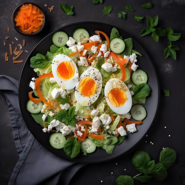 Gesundes Frühstück Salat mit Schafskäse Eier Gurke Karotte Gesunde Ernährung Draufsicht Generative AI