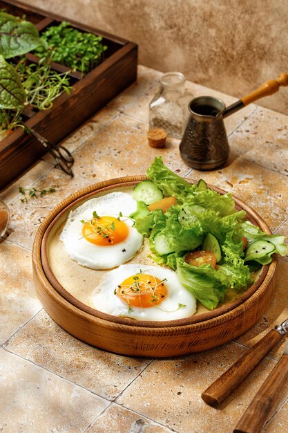 Gesundes Frühstück Zwei Spiegeleier mit Kopfsalat und Kirschtomaten auf beiger Hintergrundfliese