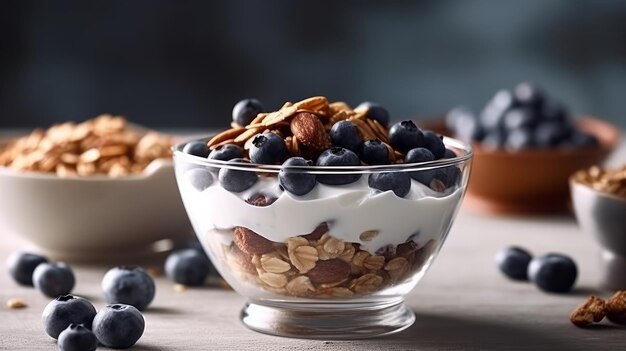Gesundes Frühstücks-Bowl-Müsli mit Nüssen und Blaubeeren, KI generiert