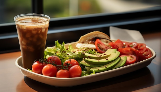 Gesundes Frühstückssalat, Avocado, Kirschtomaten und Kaffee