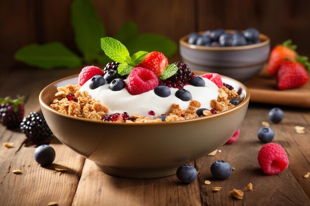 Gesundes Granola und Joghurt mit gemischten Beeren