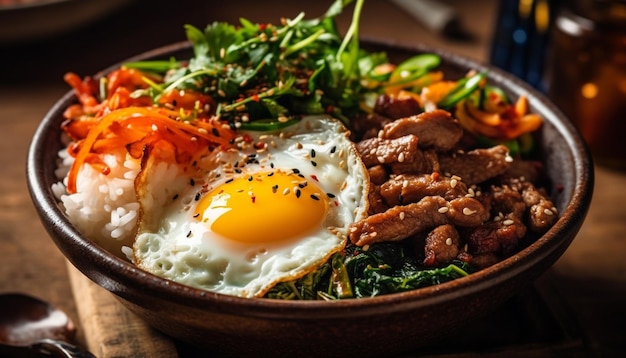 Gesundes, hausgemachtes Mittagessen. Gegrilltes Fleisch, frisches Gemüse und Bio-Reis, erzeugt durch KI