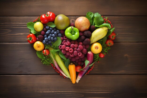 Gesundes Herz aus frischem Obst und Gemüse auf einem hölzernen Hintergrund