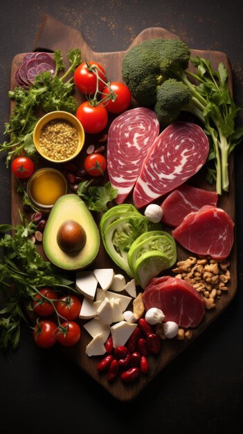 Gesundes Keto erfreut sich an herzförmigem Gemüse, Fleisch, Avocados und gesunden Ölen