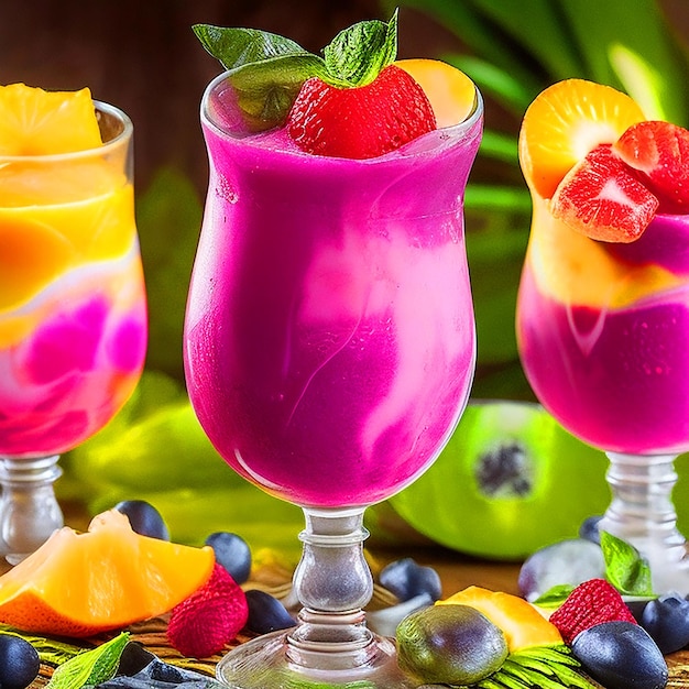 Gesundes köstliches Smoothie-Getränk Experimentelle Dekoration Verschiedene Farbvariationen