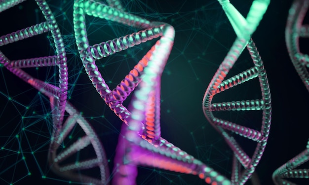 Gesundes medizinisches Forschungskonzept, Genom der menschlichen Gene des Wissenschaftslabors der DNA-Blut-Doppelhelix-Molekülstruktur, Desoxyribonukleinsäure, 3D-Rendering-Illustration