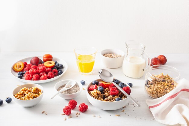 Gesundes Müsli zum Frühstück mit Beerenfrucht, veganer Milch