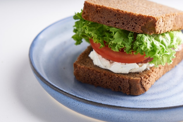 Gesundes Sandwich mit glutenfreiem Brot, Tomate, Salat serviert in Teller auf weißem Tisch