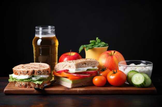 Gesundes Schulmittagessen Konzept Sandwich Apfel Gurke Karotten Nüsse Wasser Joghurt auf dunklem Hintergrund