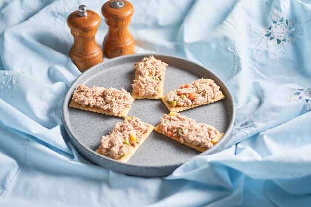 Foto gesundes traditionelles thunfischsalat mit soda-crackern