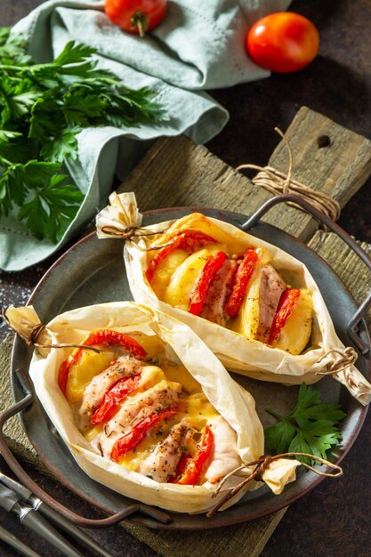 Gesundes und diätetisches Essen Truthahn gebacken mit Tomaten und Käse auf einer Steinplatte