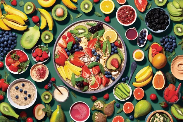 Gesundes veganes Frühstück, bunte Smoothie-Schüsseln und verschiedene Früchte