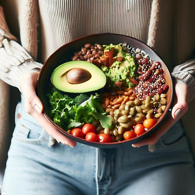 Gesundes vegetarisches abendessen frau in jeans und warmem