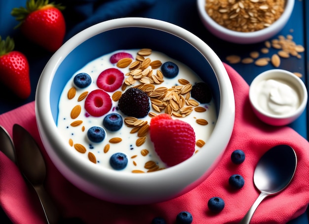 Gesundes vegetarisches Frühstück mit Müsli-Joghurt-Beeren und Nussmischung Ai generierte Kunstwerke