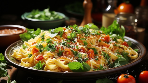 Gesundes vegetarisches Nudelgericht mit frischer Tomaten- und Kräutersauce