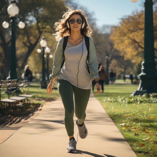 Foto gesundheit und fitness lifestyle foto einer schönen dame mit kopfhörern im park