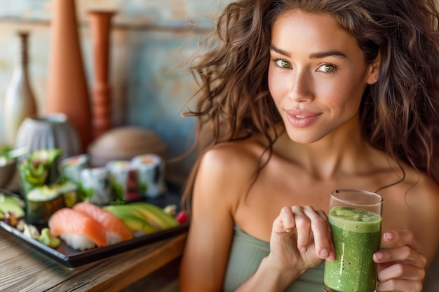 Foto gesundheitlicher lebensstil frau hält eine grüne smoothie-schüssel mit obst und gemüse in der küche