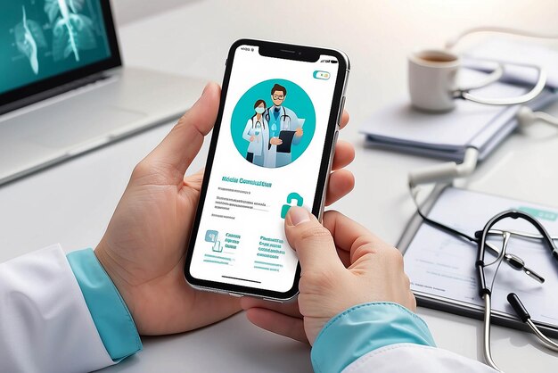 Gesundheits- und medizinische Konsultationsanwendung Online-Medizinische Konsultation mit Arzt und medizinischem Personal Gesundheitsversorgung und modernes Technologie-Konzept Patient konsultiert einen Arzt mit einer mobilen App