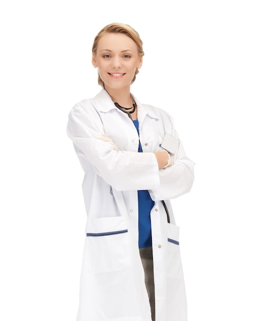 Gesundheits- und Medizinkonzept - lächelnde Ärztin mit Stethoskop