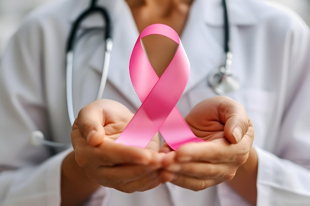 Gesundheitsmedizin und Brustkrebs-Konzept Nahaufnahme einer Arztin mit Stethoskop in der Hand