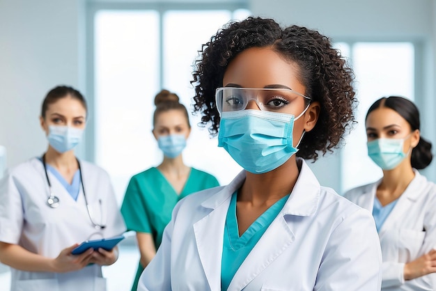 Gesundheitsmedizin und Pandemie-Konzept Nahaufnahme einer afroamerikanischen Arztin oder Wissenschaftlerin in einer Schutzmaske über medizinischen Mitarbeitern im Krankenhaus im Hintergrund