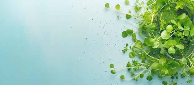 Foto gesundheitssymbol frisches bio-mikro-grün, das für eine gesunde ernährung angebaut wird, mit einem smoothie-cocktail auf einem isolierten pastellfarbenen hintergrund ausgestellt