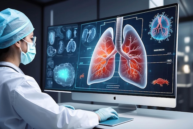 Gesundheitswesen und Medizin Covid19 Arzt hält und diagnostiziert virtuelle menschliche Lungen mit Coronavirus-Ausbreitung im Inneren auf einem modernen Schnittstellenbildschirm im Hintergrund des Krankenhauses Innovation und medizinische Technologie