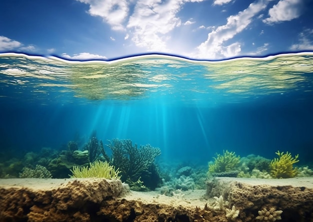 Foto geteilte unterwasseransicht mit meeresboden und himmel als hintergrundansichtai generative