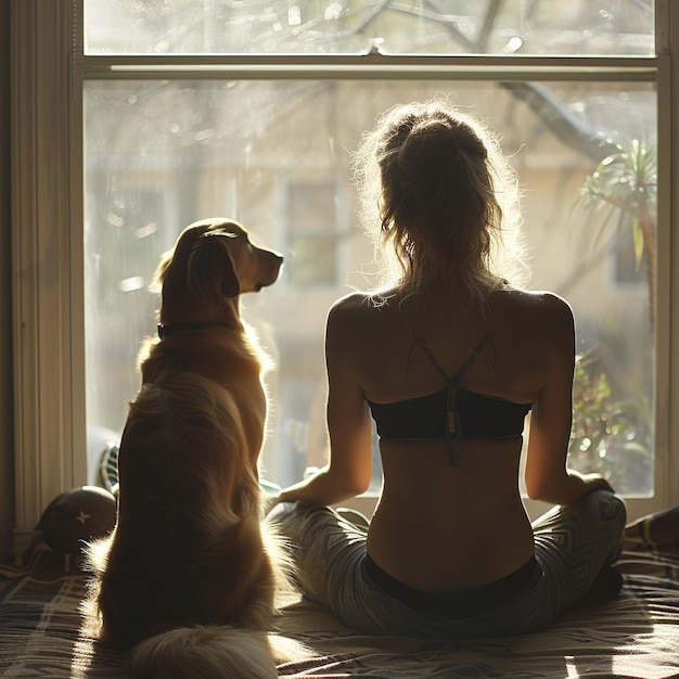 Geteilter morgendlicher Wellness-Yoga für Hund und Besitzer