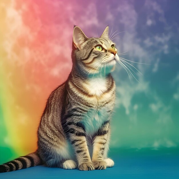 Getigerte Katze sitzt auf blauem Hintergrund mit einem bunten Regenbogen