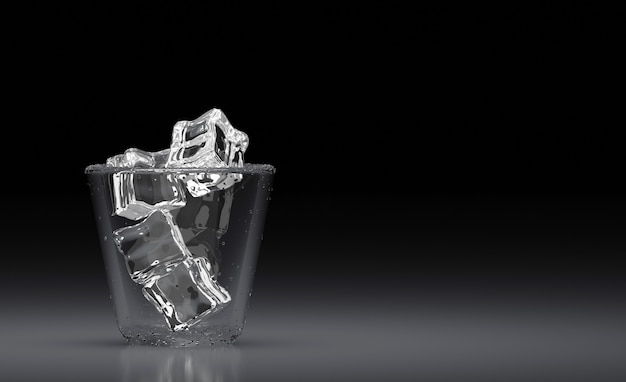 Getränk. Glänzendes Glas kaltes klares Wasser mit Eiswürfel und Stroh auf dunklem Hintergrund. 3D render.