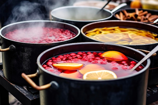 Getränke Früchte und Beeren heißer Glühwein in Töpfen mit Dampf auf dem Straßenmahlmarkt Generative KI