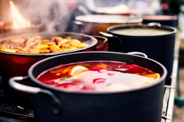 Getränke, Früchte und Beeren, heißer Glühwein in Töpfen mit Dampf auf dem Streetfood-Markt. Generative KI