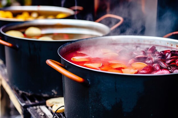 Getränke, Früchte und Beeren, heißer Glühwein in Töpfen mit Dampf auf dem Streetfood-Markt. Generative KI
