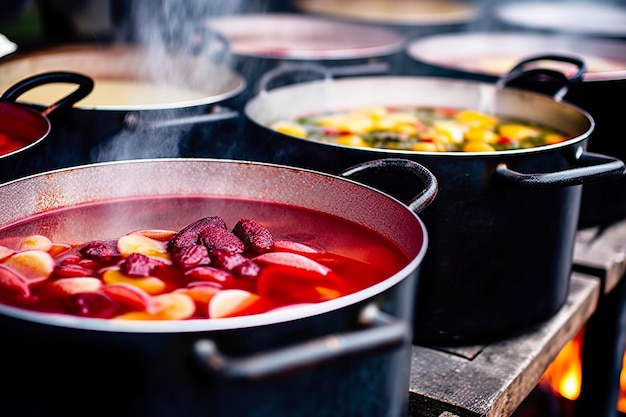 Getränke, Früchte und Beeren, heißer Glühwein in Töpfen mit Dampf auf dem Streetfood-Markt. Generative KI