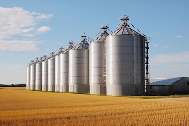 Getreidesilos im Maisfeld Silbertanks Weizenspeicher Generative KI