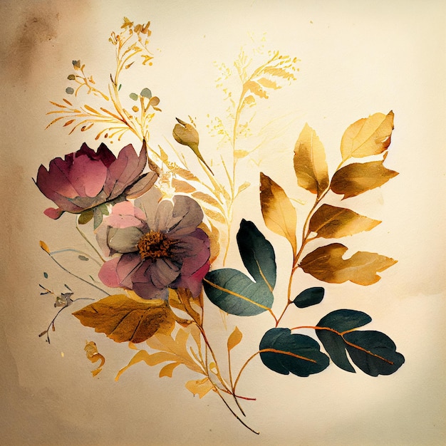 Getrocknete Aquarellblumen und -pflanzen über antiker Vintage-Karte Generative AI