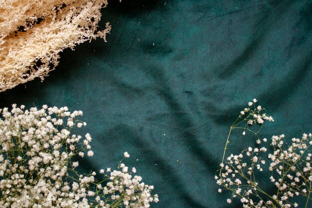 Getrocknete Blumen auf dem Hintergrund Luxuriöser smaragdgrüner Velourshintergrund