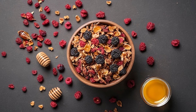 Getrocknete Granola-Beeren und Honig