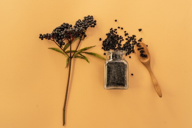 Getrocknete Holunderbeeren, Strauch, Schaufel und Flasche