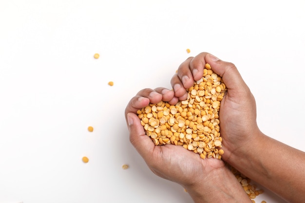 Getrocknete Kichererbsenlinsen in der Holzschale auf weißem Hintergrund, geteilte Kichererbse auch als Chana Dal bekannt