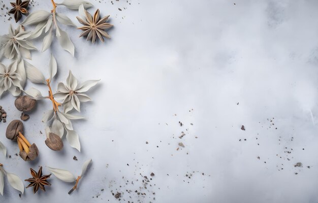 getrocknete Lilienknospen und Blätter auf grauem schneebedeckten Hintergrund