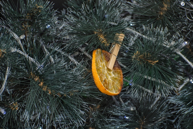 Getrocknete Orange auf dem Weihnachtsbaum. Dekoration. Nahansicht