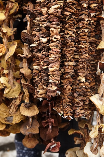 Getrocknete Pilze hängen an einer Schnur Nahaufnahme