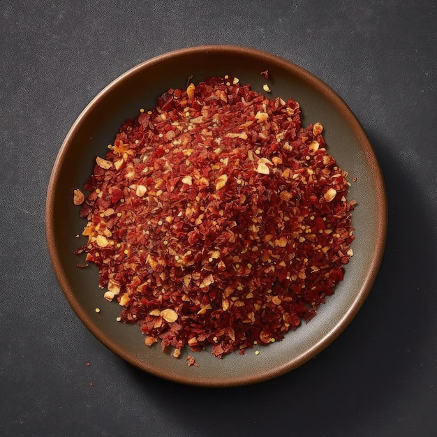 Getrocknete rote Chiliflocken auf einem braunen Teller auf dunklem Hintergrund